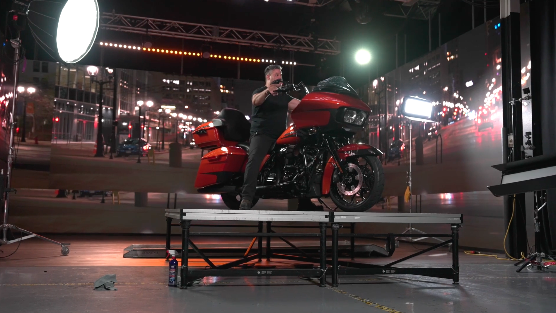 A bike in front of the LED wall