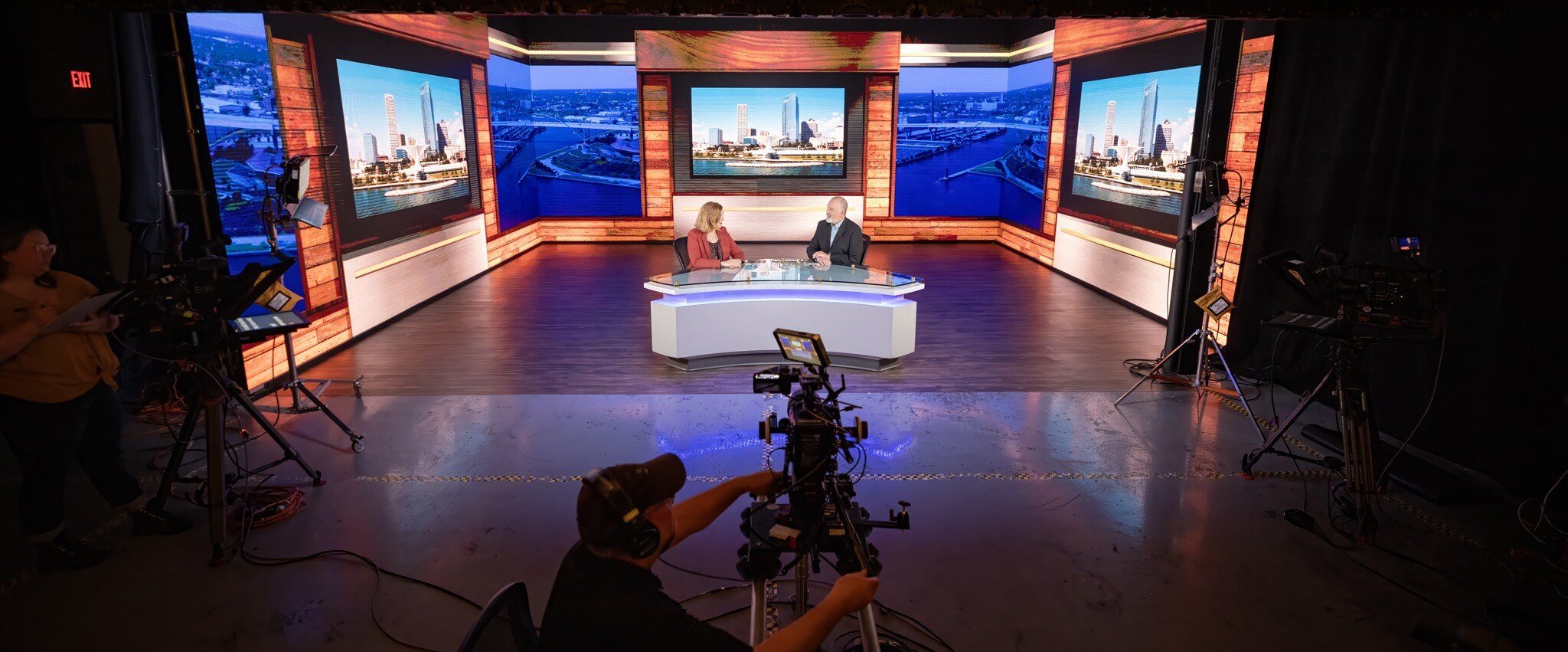 An example of a broadcast news studio in the Plum Media virtual production LED Studio